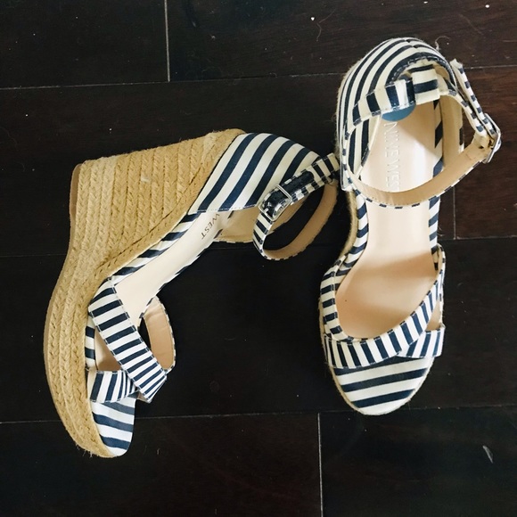 Nine West Navy and White Striped Ankle Strap Wedges Cork woven wedge sandals - Picture 7 of 7